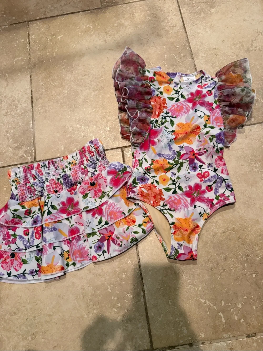 Shade Critters Floral Girls Swim Dress - Pink & Purple Flowers on White
